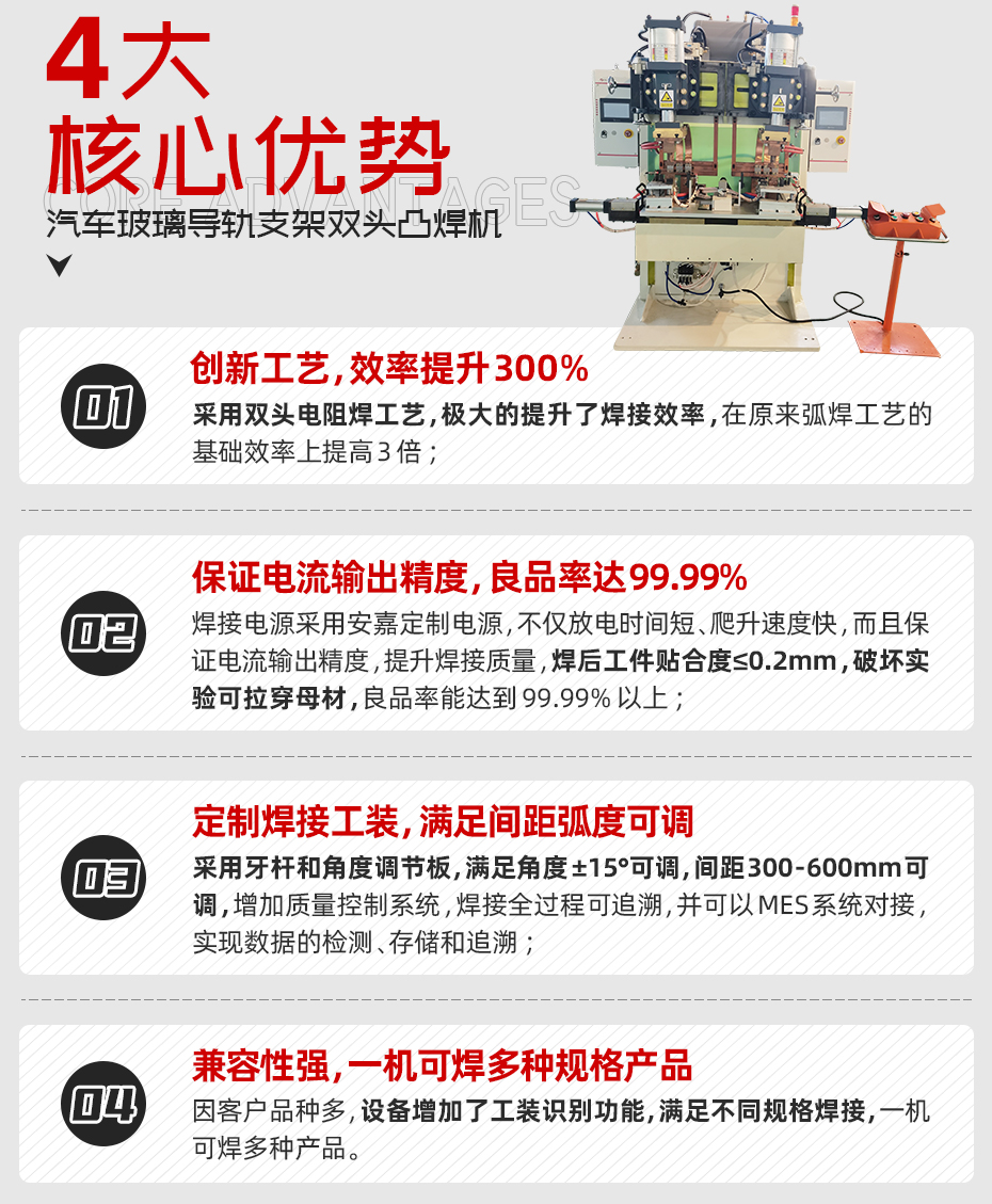 汽車玻璃導(dǎo)軌支架雙頭凸焊機(jī)核心優(yōu)勢